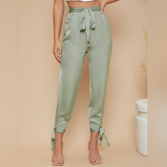 SHEIN Sage Green Satin Knotted Side Belted Pants - Size XL 🌿 - Picture 7 of 12